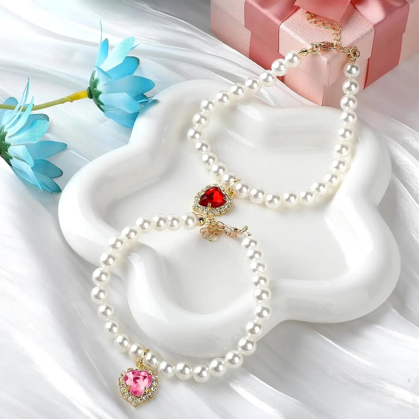 Adjustable Pearl Cat Collar Set with Heart-Shaped Rhinestones - Elegant Pet Accessories for Weddings and Special Occasions