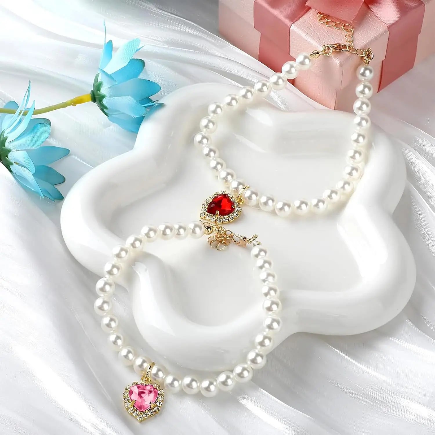 Adjustable Pearl Cat Collar Set with Heart-Shaped Rhinestones - Elegant Pet Accessories for Weddings and Special Occasions