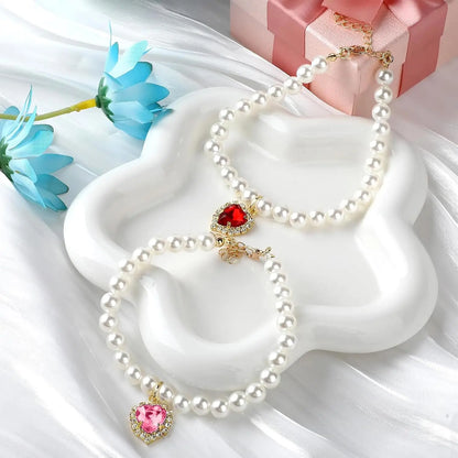 Adjustable Pearl Cat Collar Set with Heart-Shaped Rhinestones - Elegant Pet Accessories for Weddings and Special Occasions