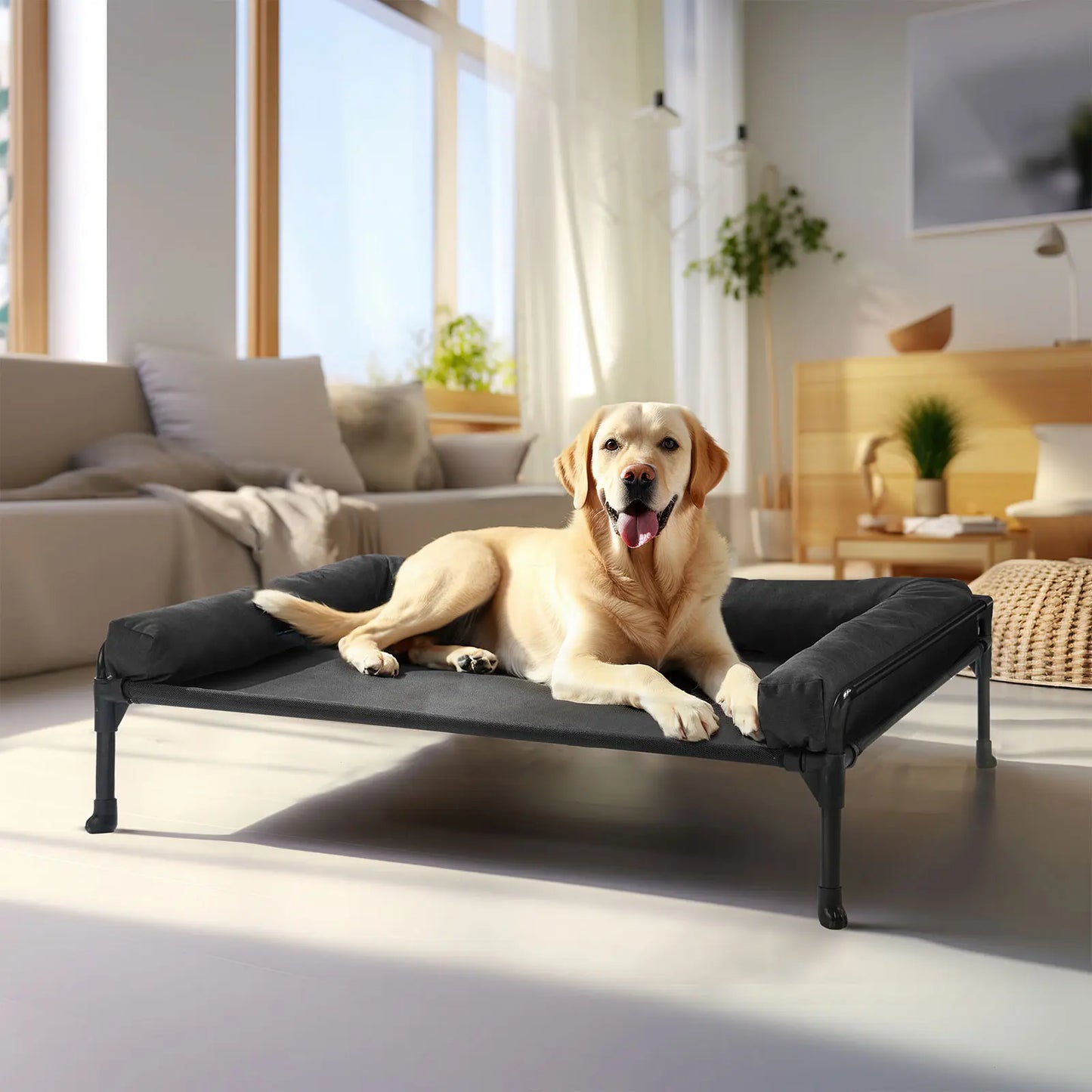VEEHOO Elevated Cooling Dog Bed - Outdoor Raised Cot for Large Dogs with Three-Sided Fence, Mesh Fabric, Non-Slip Feet, and Removable Bolster