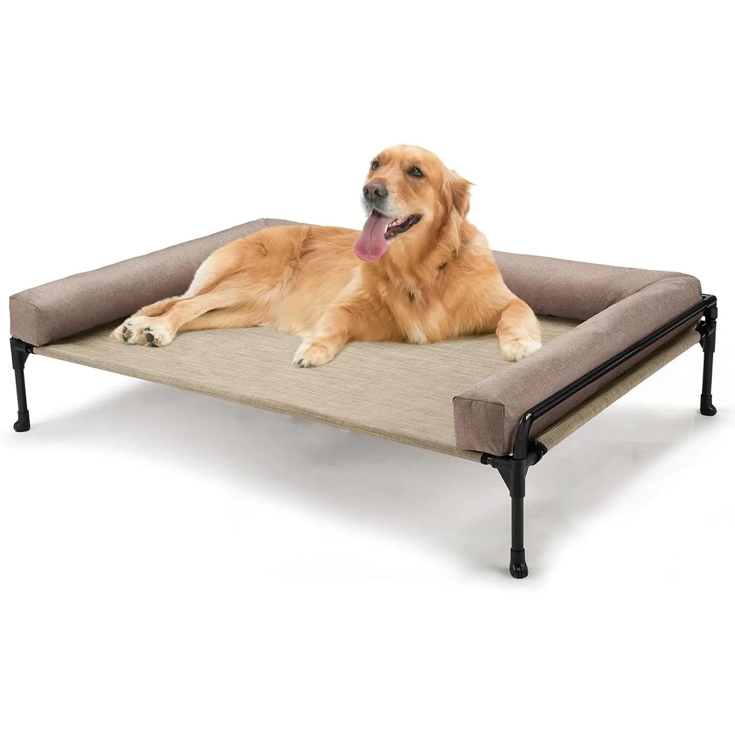 VEEHOO Elevated Cooling Dog Bed - Outdoor Raised Cot for Large Dogs with Three-Sided Fence, Mesh Fabric, Non-Slip Feet, and Removable Bolster