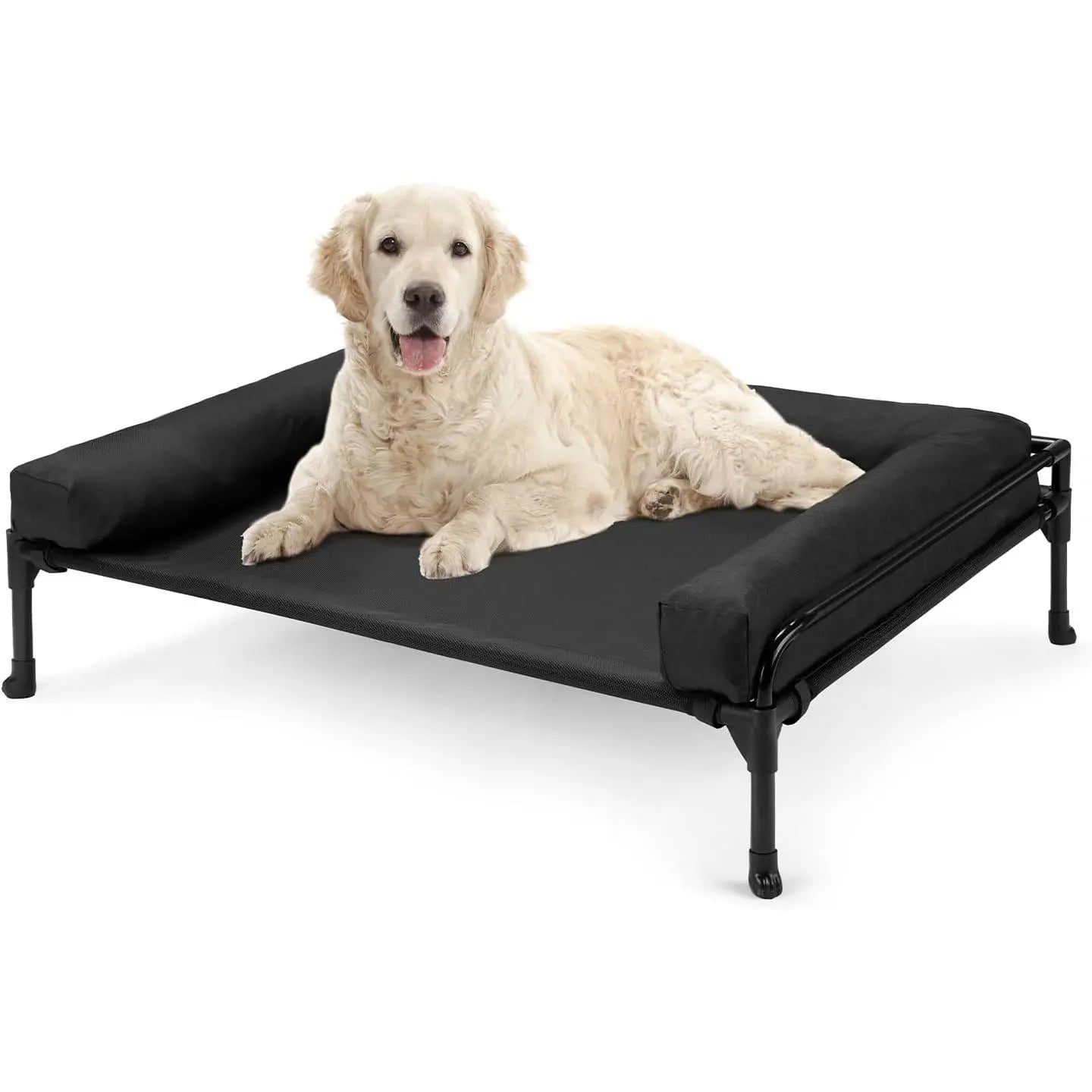 VEEHOO Elevated Cooling Dog Bed - Outdoor Raised Cot for Large Dogs with Three-Sided Fence, Mesh Fabric, Non-Slip Feet, and Removable Bolster
