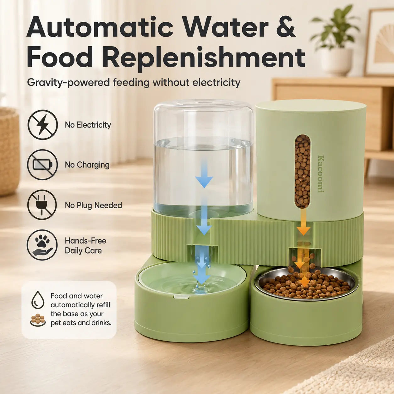 Kacoomi Gravity Pet Feeder and Water Dispenser Set for Cats and Small Dogs, 2-Pack with Large Capacity Stainless Steel Bowls