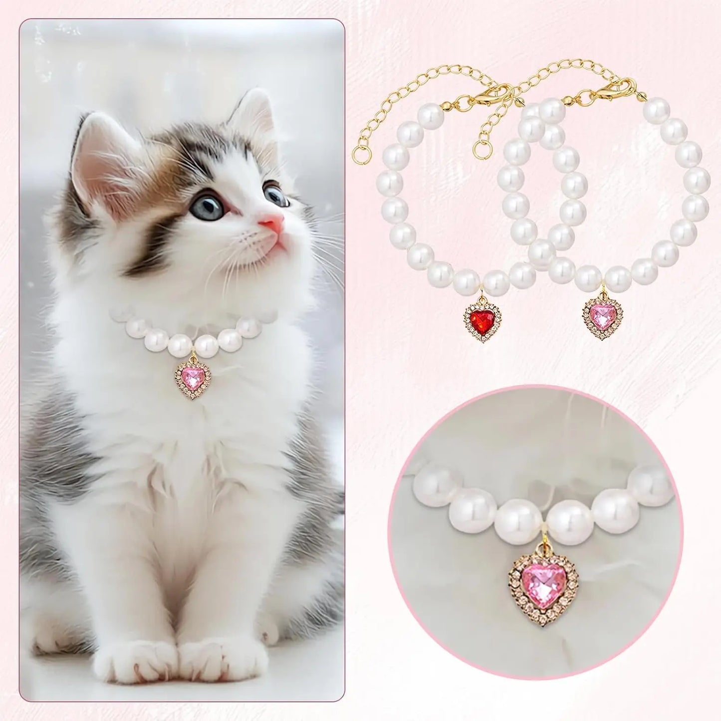 Adjustable Pearl Cat Collar Set with Heart-Shaped Rhinestones - Elegant Pet Accessories for Weddings and Special Occasions