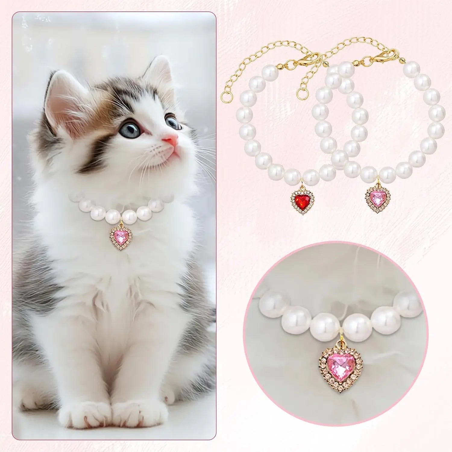 Adjustable Pearl Cat Collar Set with Heart-Shaped Rhinestones - Elegant Pet Accessories for Weddings and Special Occasions