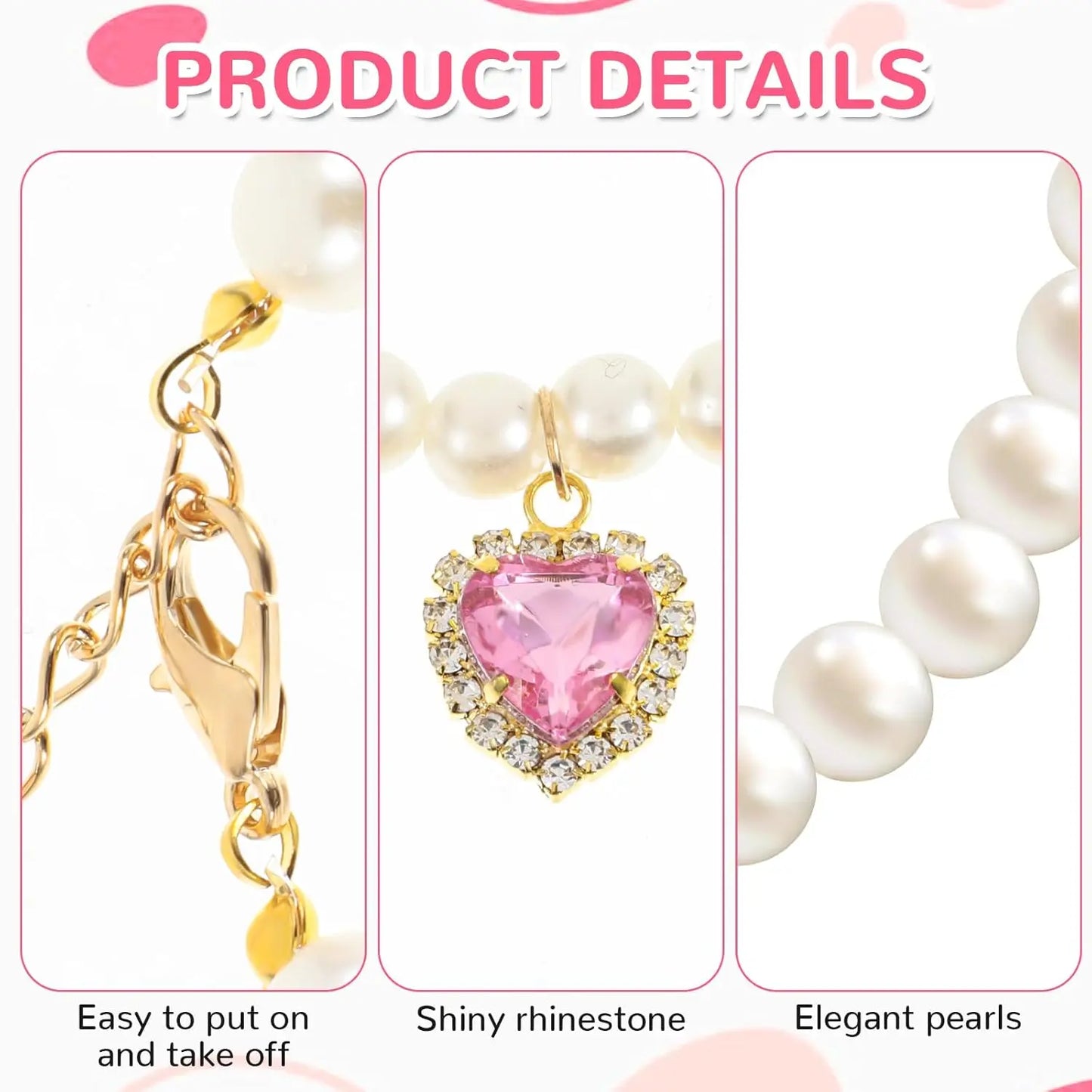 Adjustable Pearl Cat Collar Set with Heart-Shaped Rhinestones - Elegant Pet Accessories for Weddings and Special Occasions