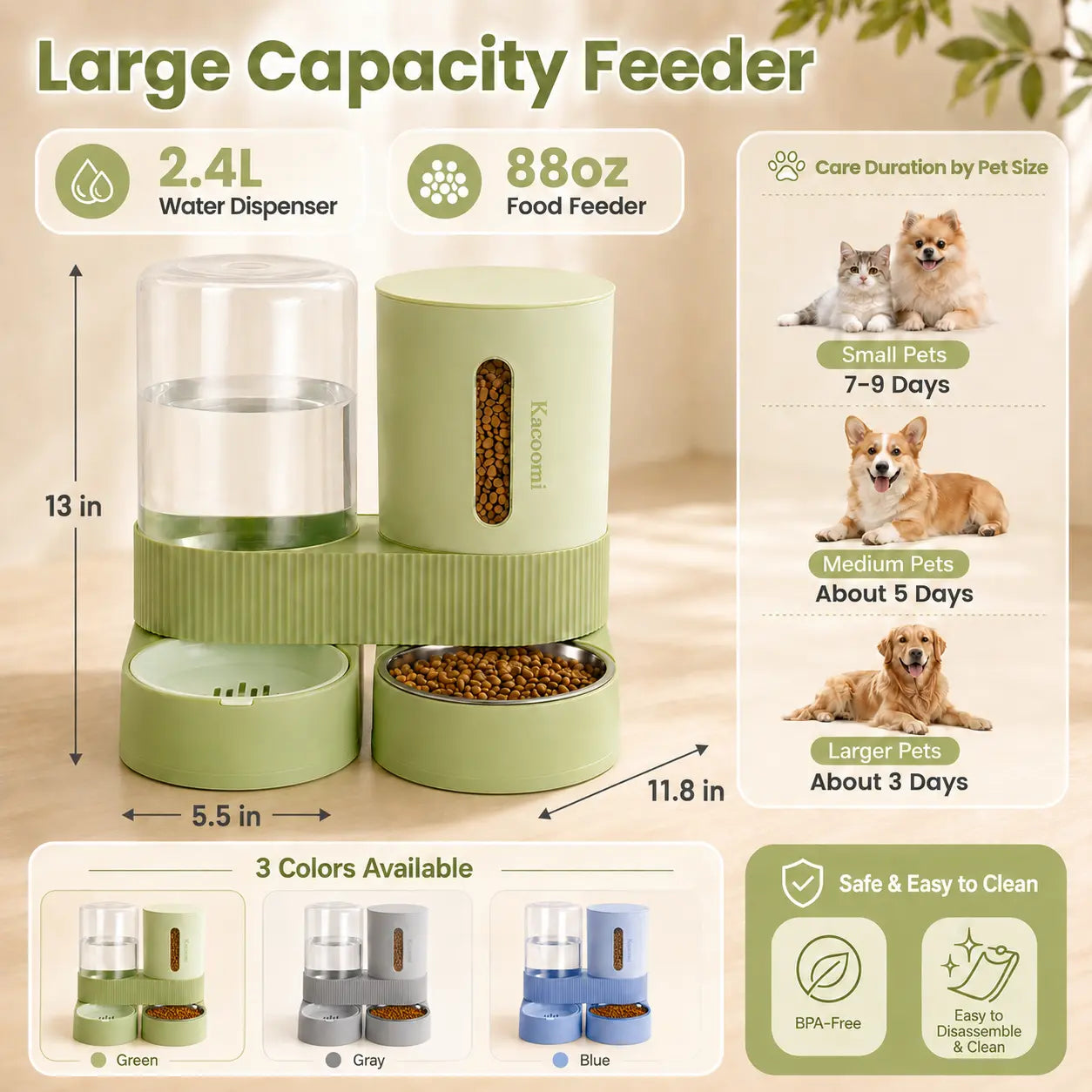 Kacoomi Gravity Pet Feeder and Water Dispenser Set for Cats and Small Dogs, 2-Pack with Large Capacity Stainless Steel Bowls