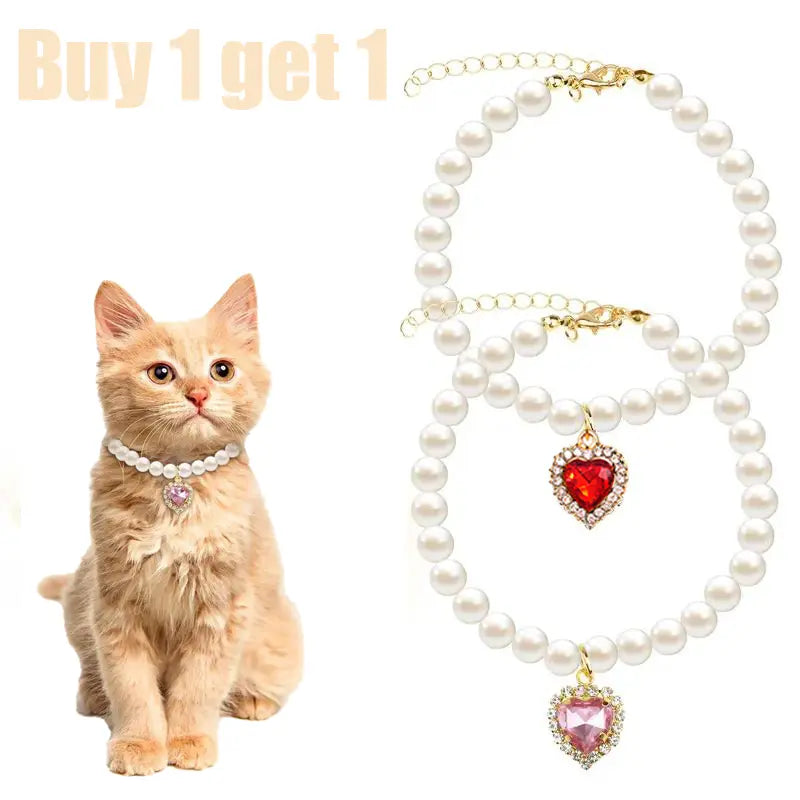 Adjustable Pearl Cat Collar Set with Heart-Shaped Rhinestones - Elegant Pet Accessories for Weddings and Special Occasions