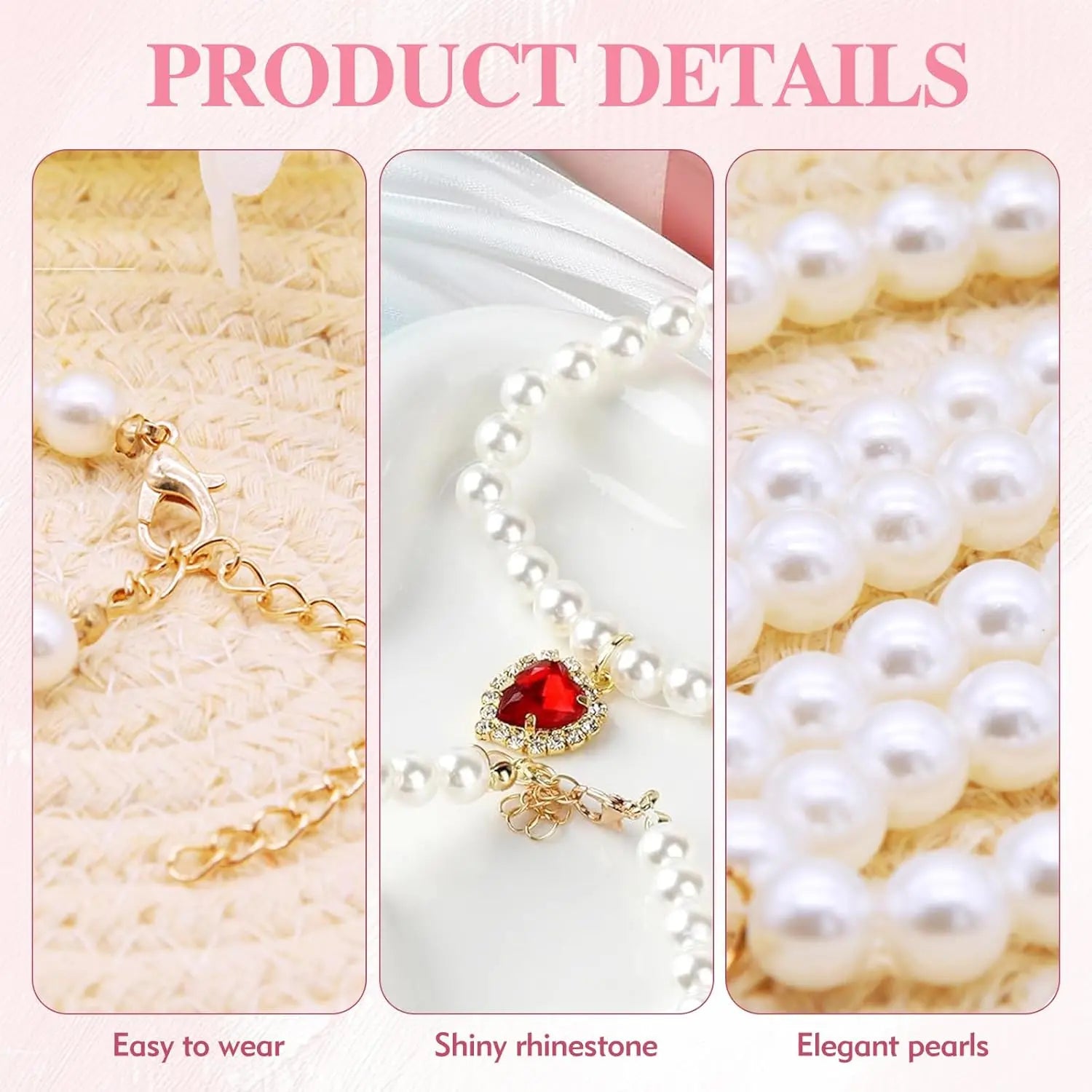Adjustable Pearl Cat Collar Set with Heart-Shaped Rhinestones - Elegant Pet Accessories for Weddings and Special Occasions