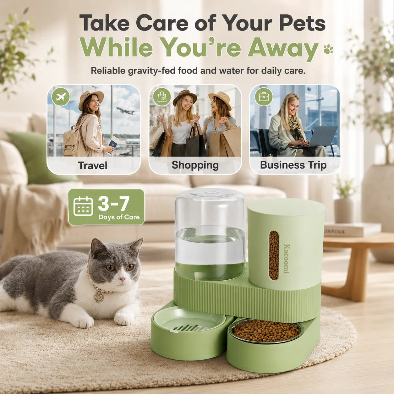 Kacoomi Gravity Pet Feeder and Water Dispenser Set for Cats and Small Dogs, 2-Pack with Large Capacity Stainless Steel Bowls