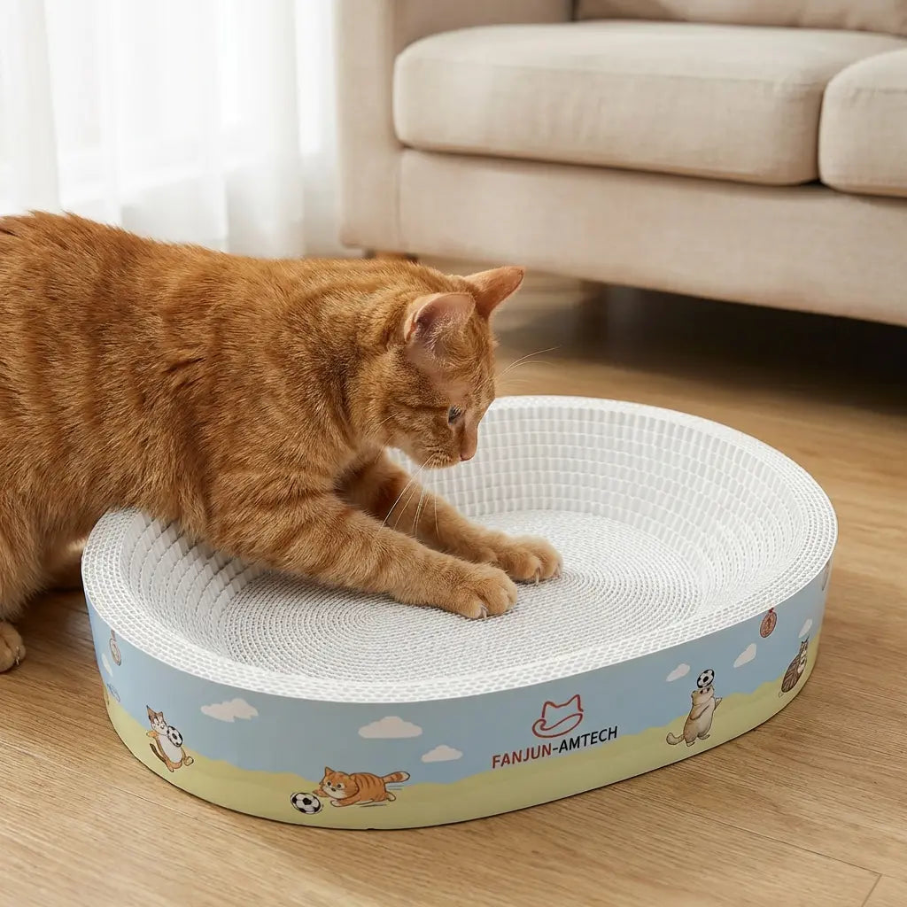 FANJUN-AMTECH Classic 2-in-1 Cat Scratcher and Bed - Dust-Free Oval Design, Anti-Slip Base, Durable Corrugated Cardboard, Multi-Use Pet Furniture for Indoor Relaxation