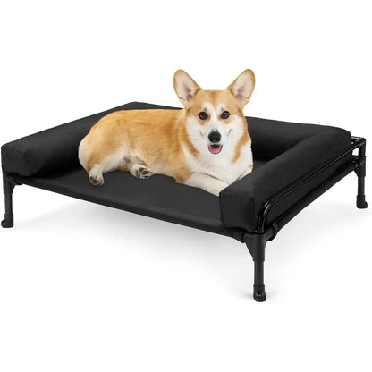 VEEHOO Elevated Cooling Dog Bed - Outdoor Raised Cot for Large Dogs with Three-Sided Fence, Mesh Fabric, Non-Slip Feet, and Removable Bolster