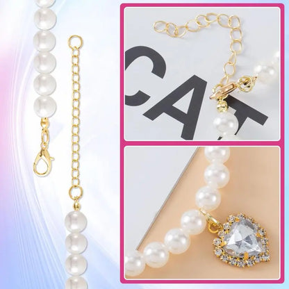 Adjustable Pearl Cat Collar Set with Heart-Shaped Rhinestones - Elegant Pet Accessories for Weddings and Special Occasions