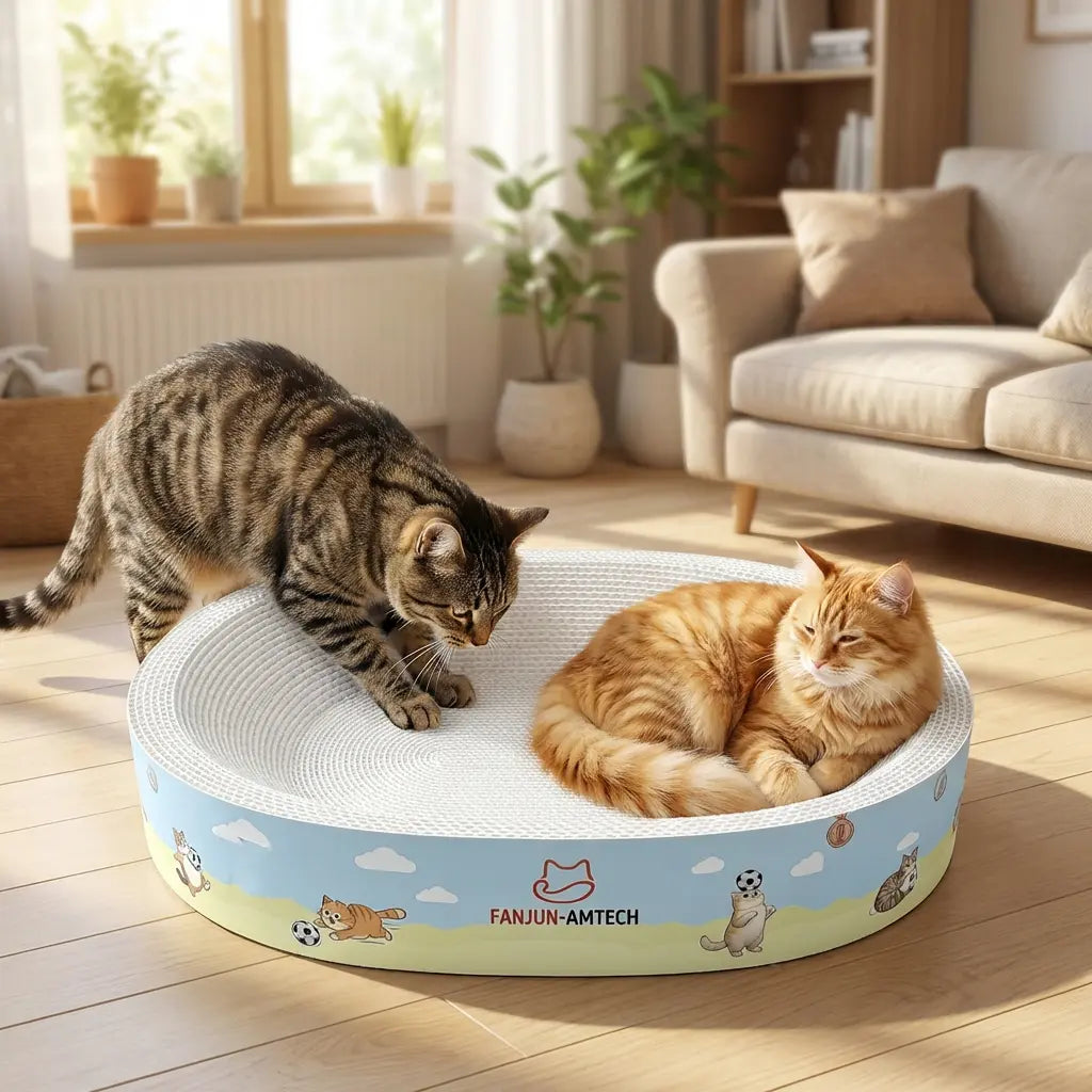 FANJUN-AMTECH Classic 2-in-1 Cat Scratcher and Bed - Dust-Free Oval Design, Anti-Slip Base, Durable Corrugated Cardboard, Multi-Use Pet Furniture for Indoor Relaxation