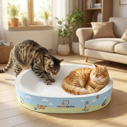 FANJUN-AMTECH Classic 2-in-1 Cat Scratcher and Bed - Dust-Free Oval Design, Anti-Slip Base, Durable Corrugated Cardboard, Multi-Use Pet Furniture for Indoor Relaxation