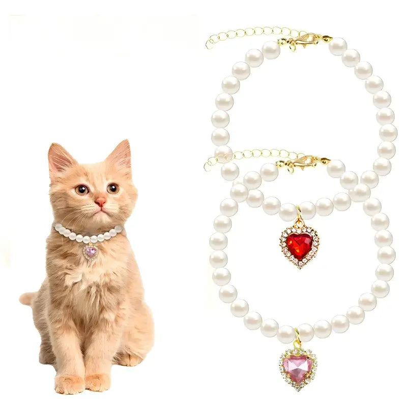 Adjustable Pearl Cat Collar Set with Heart-Shaped Rhinestones - Elegant Pet Accessories for Weddings and Special Occasions