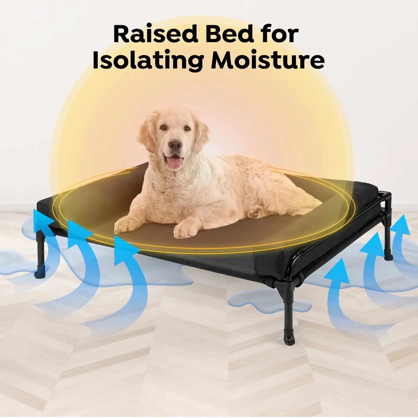 VEEHOO Elevated Cooling Dog Bed - Outdoor Raised Cot for Large Dogs with Three-Sided Fence, Mesh Fabric, Non-Slip Feet, and Removable Bolster