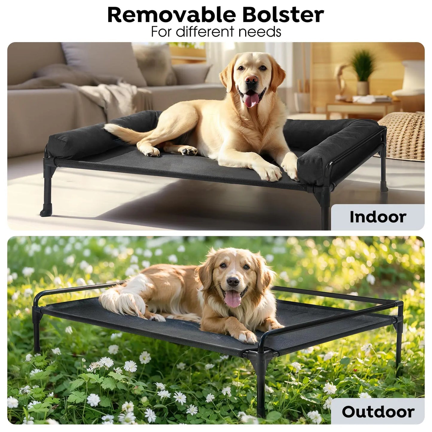 VEEHOO Elevated Cooling Dog Bed - Outdoor Raised Cot for Large Dogs with Three-Sided Fence, Mesh Fabric, Non-Slip Feet, and Removable Bolster