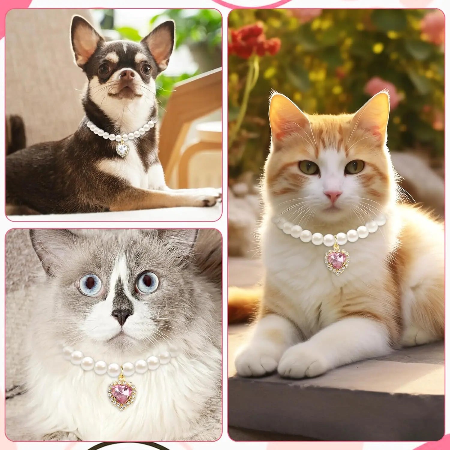 Adjustable Pearl Cat Collar Set with Heart-Shaped Rhinestones - Elegant Pet Accessories for Weddings and Special Occasions