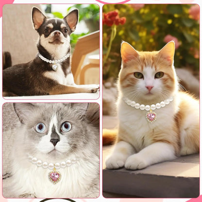 Adjustable Pearl Cat Collar Set with Heart-Shaped Rhinestones - Elegant Pet Accessories for Weddings and Special Occasions
